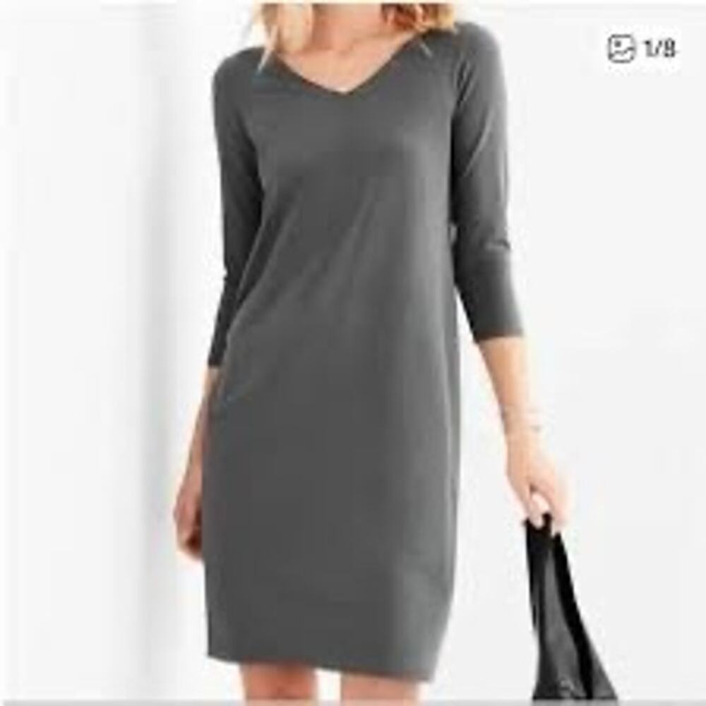 Eileen Fisher V Neck Jersey Shift Dress Ash Gray XSP NWT Minimalist Stretch